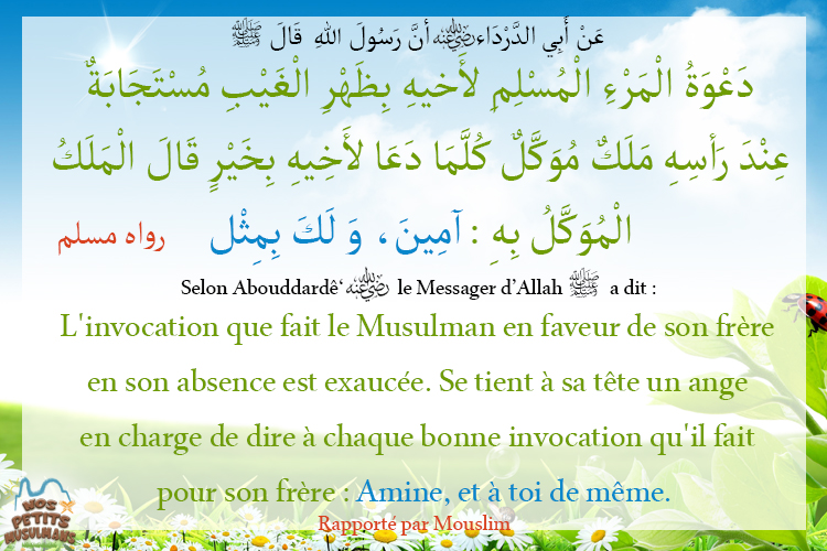 Hadith L'invocation que fait le Musulman en faveur de son frère en son absence