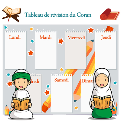 Tableau avec les jours de la semaine pour réviser le Coran