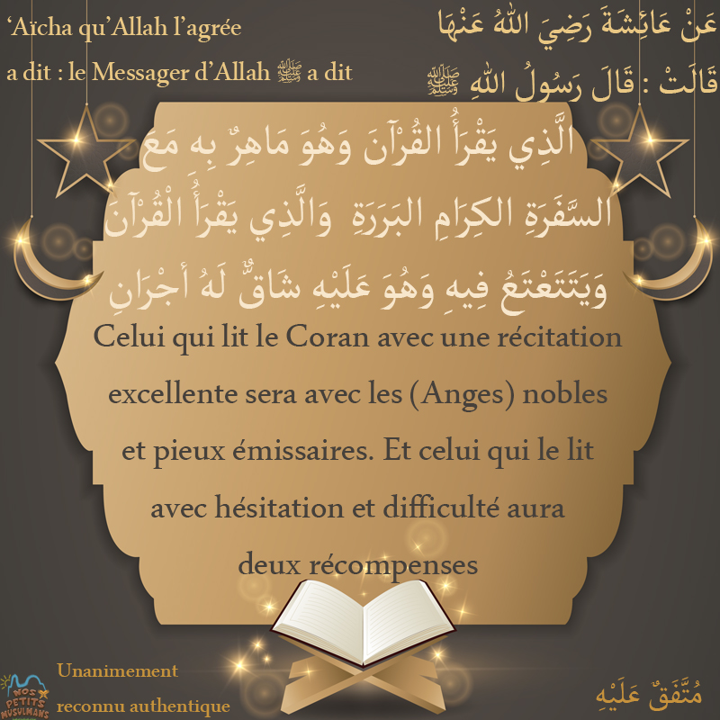 Hadith Celui qui lit le Coran avec une récitation excellente sera avec les (Anges) nobles et pieux émissaires