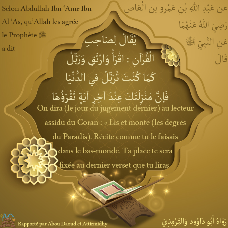 Hadith On dira (le jour du jugement dernier) au lecteur assidu du Coran : Lis et monte