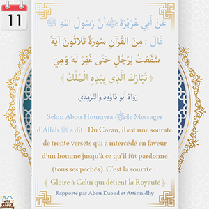 Hadith Du Coran, il est une sourate de trente versets qui a intercédé en faveur d'un homme jusqu'à ce qu'il fût pardonné 